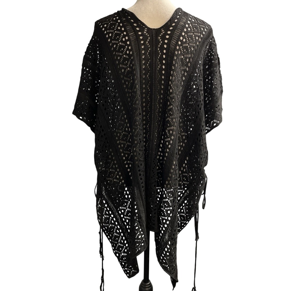 Black Open Knit Poncho Asymmetrical Tie Sides Dark Cottagecore Boho One Size - Picture 2 of 9